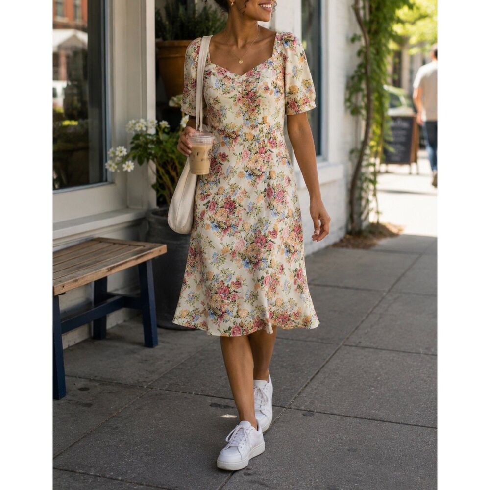 Floral Dress Sweetheart Neck Short Sleeve Pastel Secret Garden Size Small